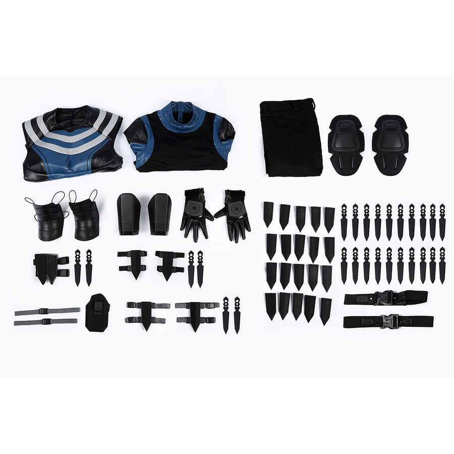Bullseye Lester cosplay costume centers a complete tactical vest with numerous throwing knives and armor accessories.