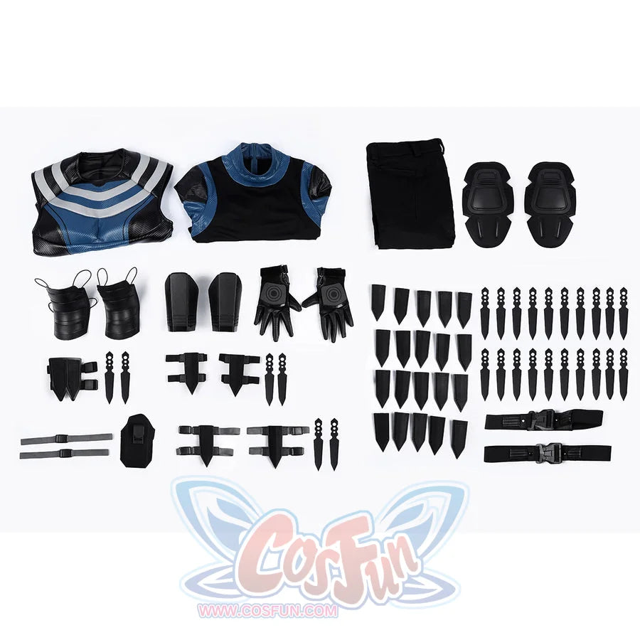 Bullseye Lester cosplay costume centers a complete tactical vest with numerous throwing knives and armor accessories.