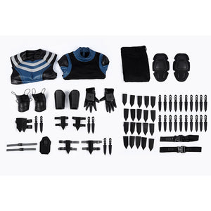 Bullseye Lester cosplay costume centers a complete tactical vest with numerous throwing knives and armor accessories.