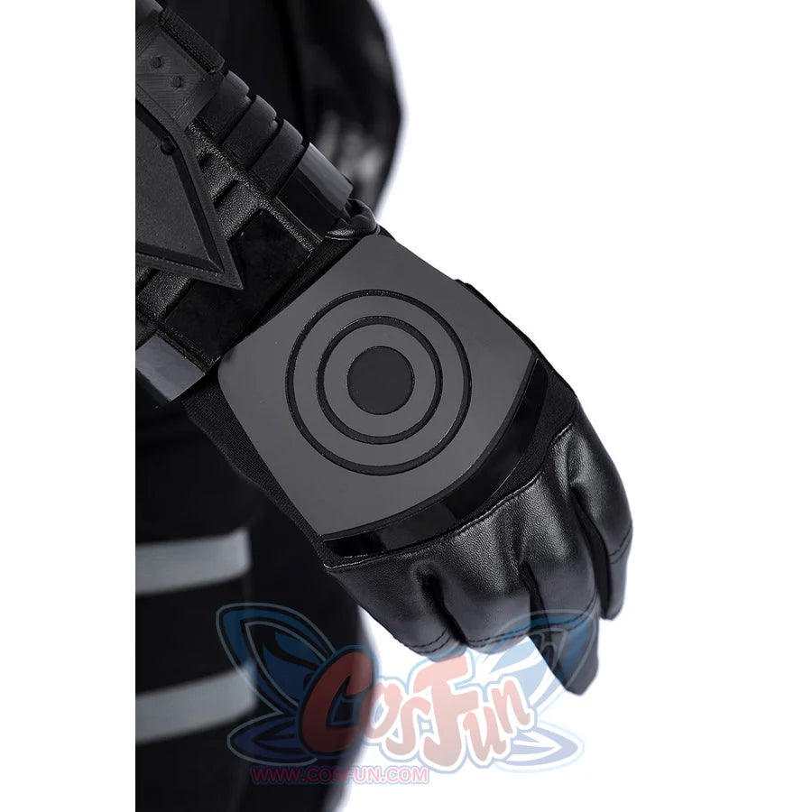 Bullseye Lester cosplay costume centers a black faux leather glove and a rigid wrist guard detailed with a target symbol.