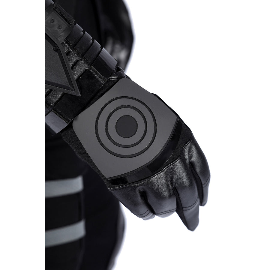 Bullseye Lester cosplay costume centers a black faux leather glove and a rigid wrist guard detailed with a target symbol.