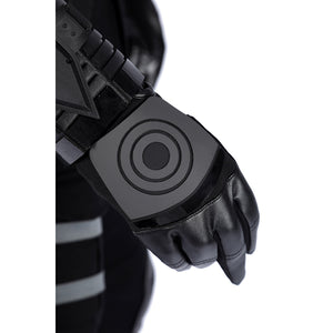 Bullseye Lester cosplay costume centers a black faux leather glove and a rigid wrist guard detailed with a target symbol.