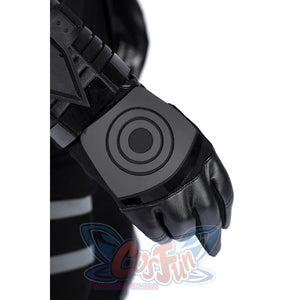 Bullseye Lester cosplay costume centers a black faux leather glove and a rigid wrist guard detailed with a target symbol.