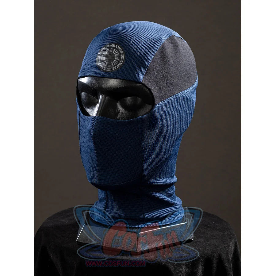 Bullseye Lester cosplay costume angles the hood toward the target patch and black eye panel.