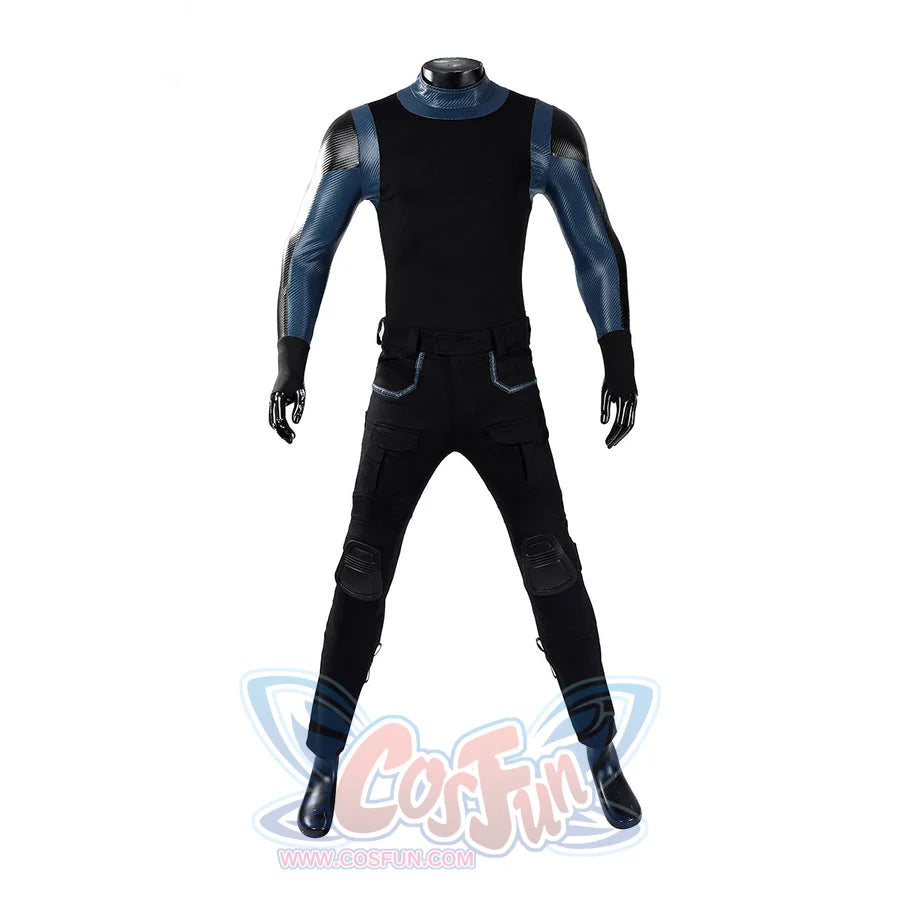 Bullseye Lester cosplay costume centers black tactical trousers and a fitted long sleeve top with detailed blue paneling.