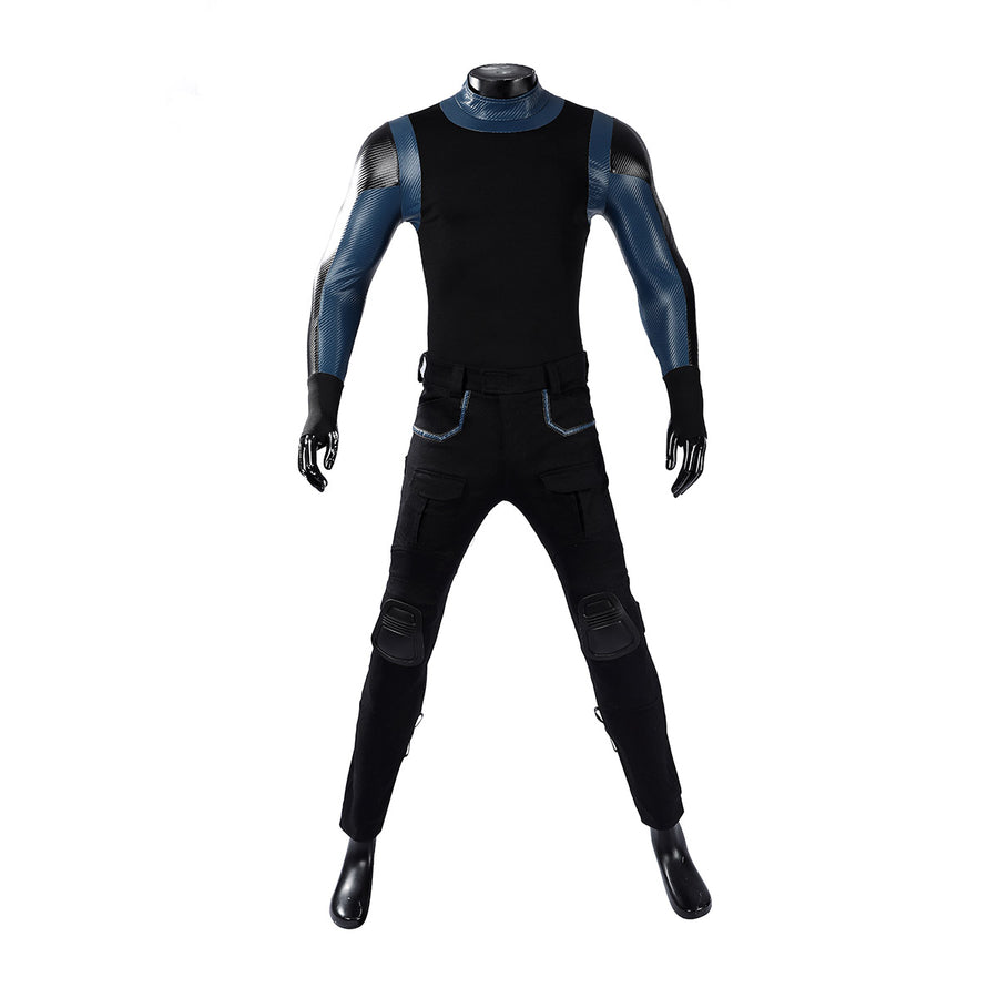 Bullseye Lester cosplay costume centers black tactical trousers and a fitted long sleeve top with detailed blue paneling.