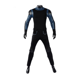 Bullseye Lester cosplay costume centers black tactical trousers and a fitted long sleeve top with detailed blue paneling.