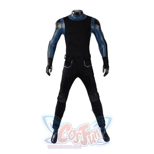 Bullseye Lester cosplay costume centers black tactical trousers and a fitted long sleeve top with detailed blue paneling.