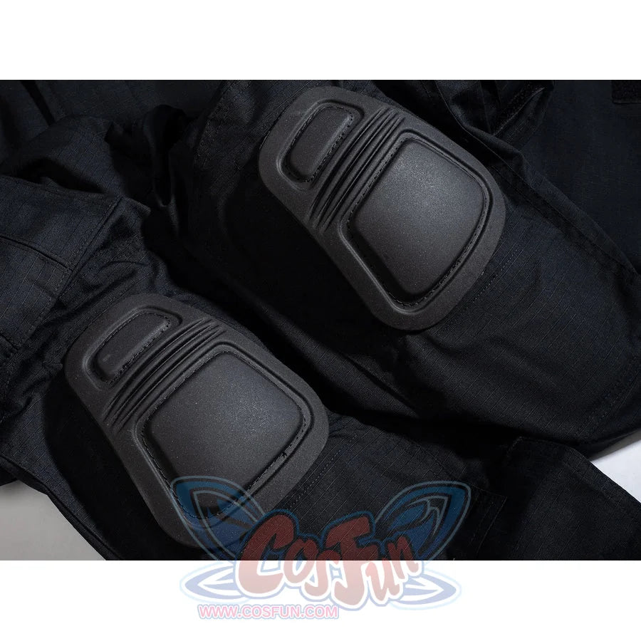 Bullseye Lester cosplay costume centers raised knee padding on the black pant fabric.