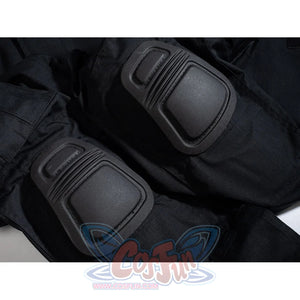 Bullseye Lester cosplay costume centers raised knee padding on the black pant fabric.