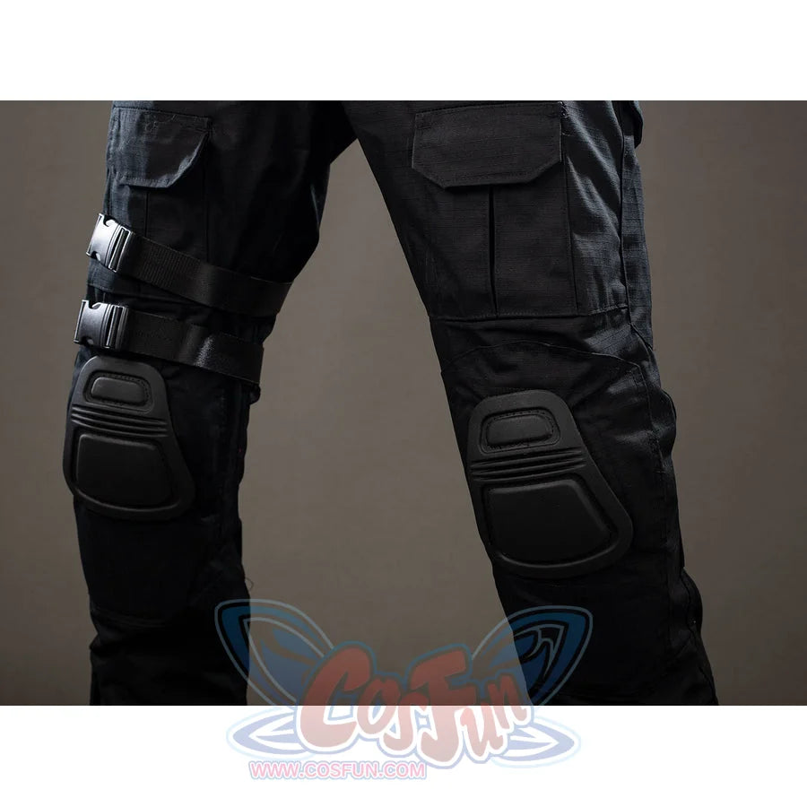 Bullseye Lester cosplay costume anchors black knee pads along the tactical pants.