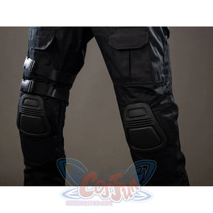 Bullseye Lester cosplay costume anchors black knee pads along the tactical pants.