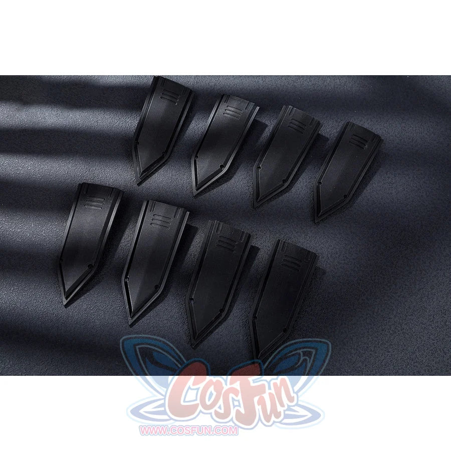 Bullseye Lester cosplay costume centers these eight detailed black faux leather knife props for tactical armor sets.