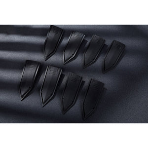 Bullseye Lester cosplay costume centers these eight detailed black faux leather knife props for tactical armor sets.