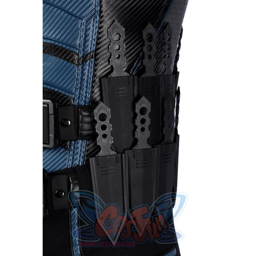 Bullseye Lester cosplay costume centers a tactical knife set secured onto a textured gray and blue faux leather vest.