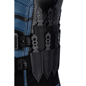 Bullseye Lester cosplay costume centers a tactical knife set secured onto a textured gray and blue faux leather vest.