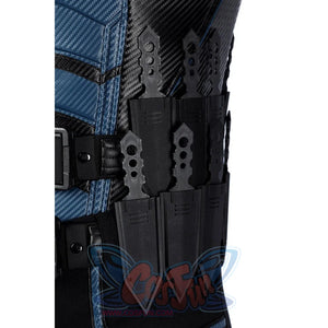 Bullseye Lester cosplay costume centers a tactical knife set secured onto a textured gray and blue faux leather vest.