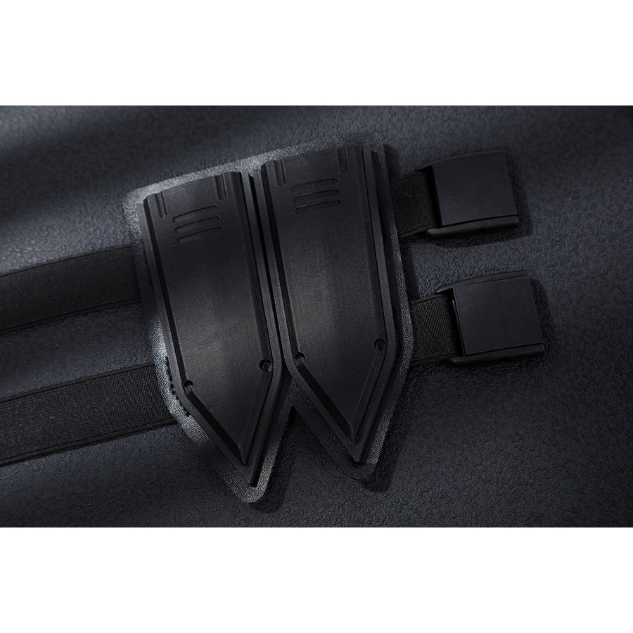 Bullseye Lester cosplay costume centers black molded knife holsters that secure to the limbs with adjustable elastic straps.