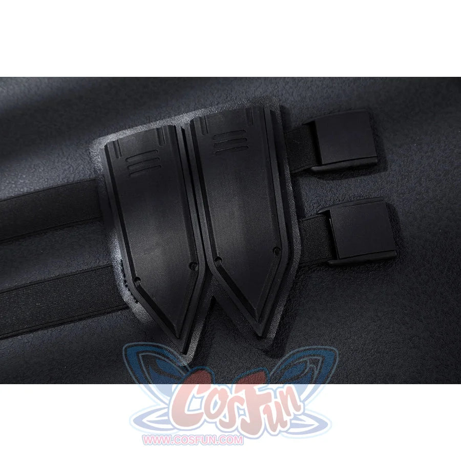 Bullseye Lester cosplay costume centers black molded knife holsters that secure to the limbs with adjustable elastic straps.