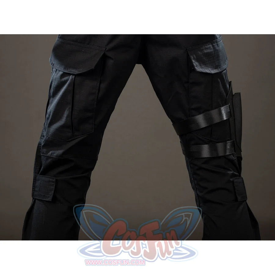 Bullseye Lester cosplay costume wraps leg bands across both black tactical pant legs.