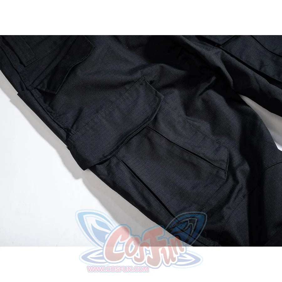 Bullseye Lester cosplay costume frames the lower cargo pocket and stitched pant panel.