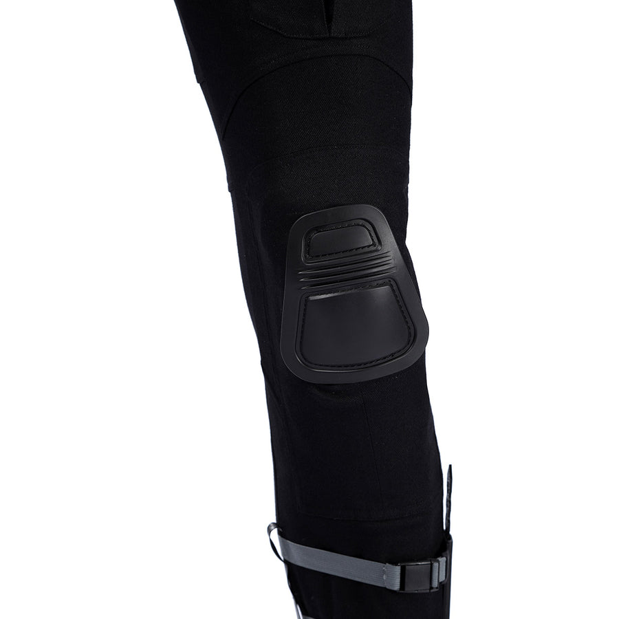 Bullseye Lester cosplay costume centers black pants secured with a molded knee guard and an adjustable calf strap.