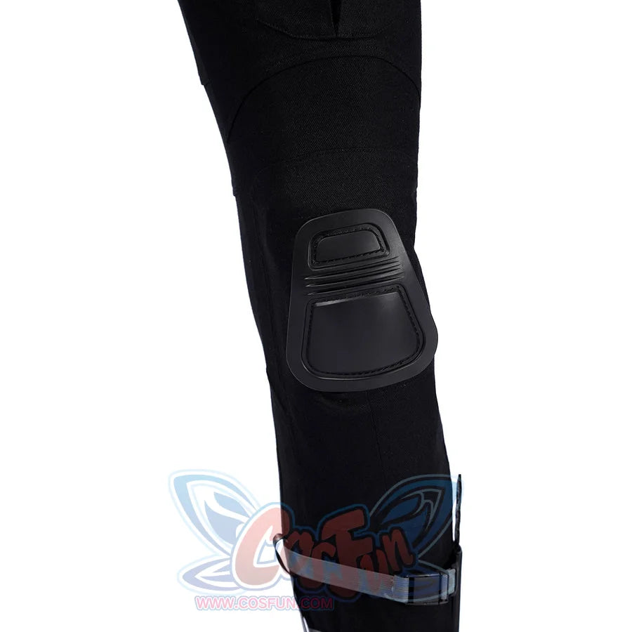 Bullseye Lester cosplay costume centers black pants secured with a molded knee guard and an adjustable calf strap.