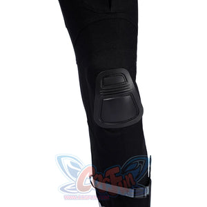 Bullseye Lester cosplay costume centers black pants secured with a molded knee guard and an adjustable calf strap.