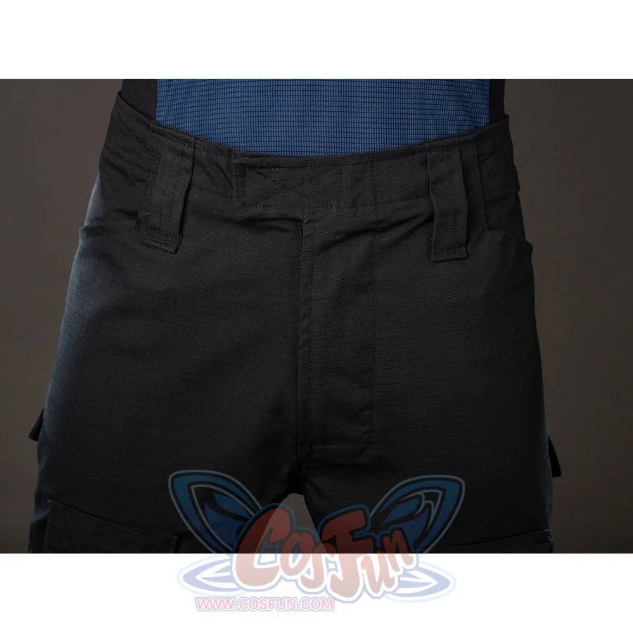 Bullseye Lester cosplay costume centers the black cargo pants waist and front pockets.