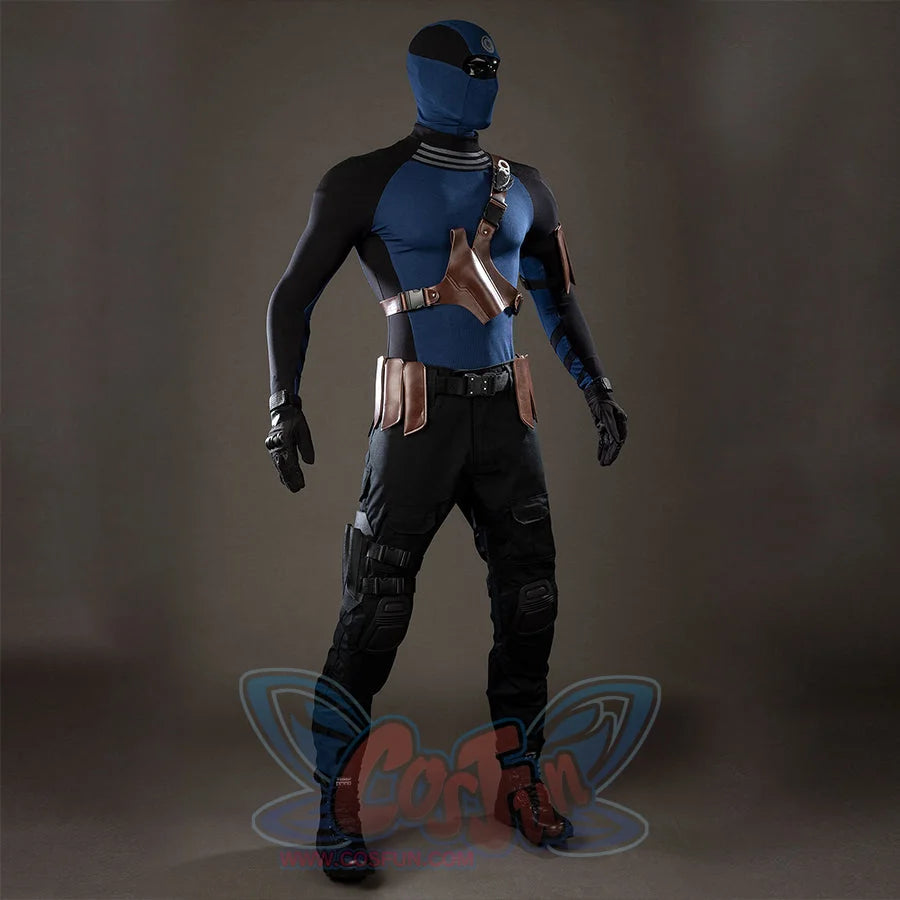 Bullseye Lester cosplay costume anchors the knife sheath and crossbody pouch over black tactical pants.