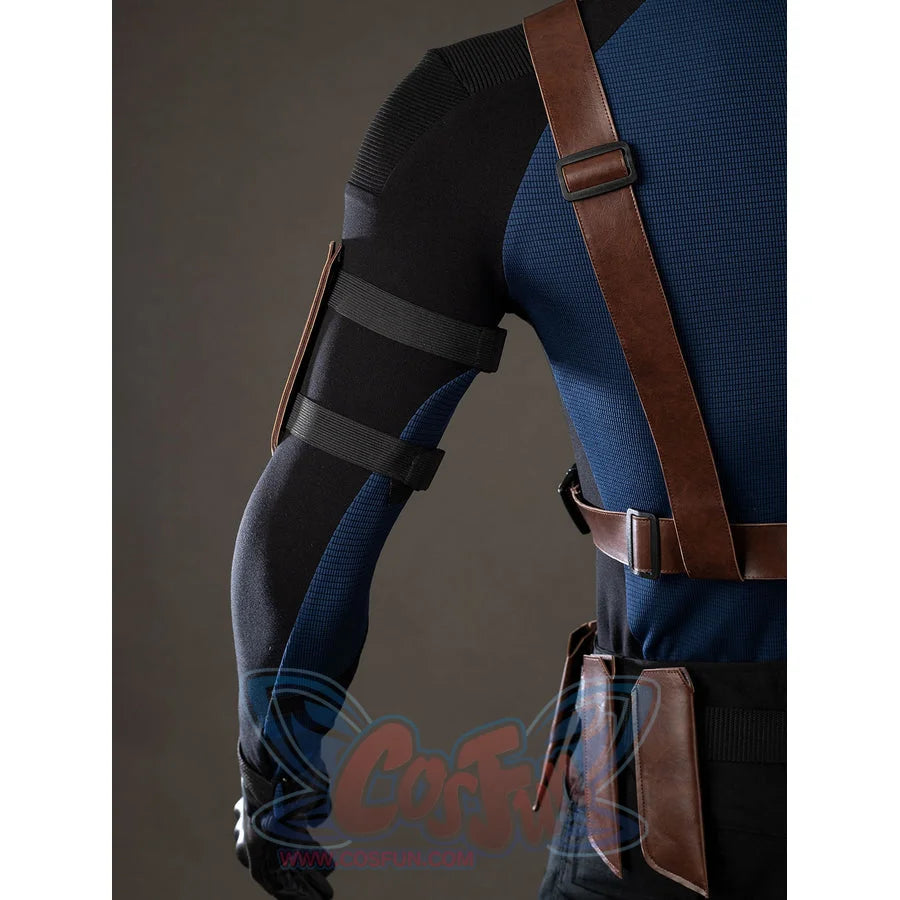Bullseye Lester cosplay costume links rear harness straps beside the brown side pouch.