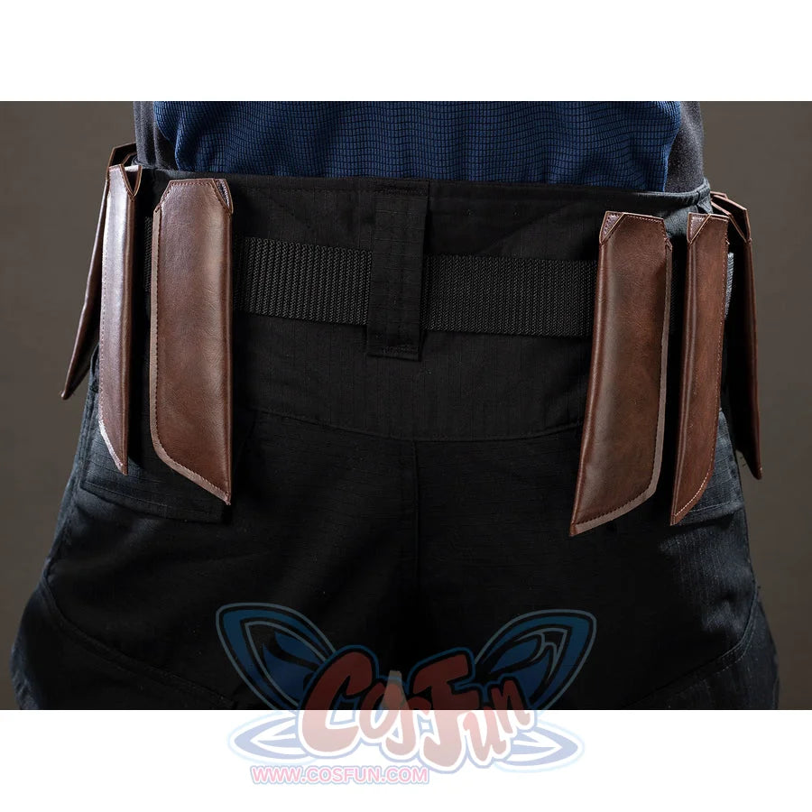 Bullseye Lester cosplay costume centers paired hip pouches below the black waist belt.