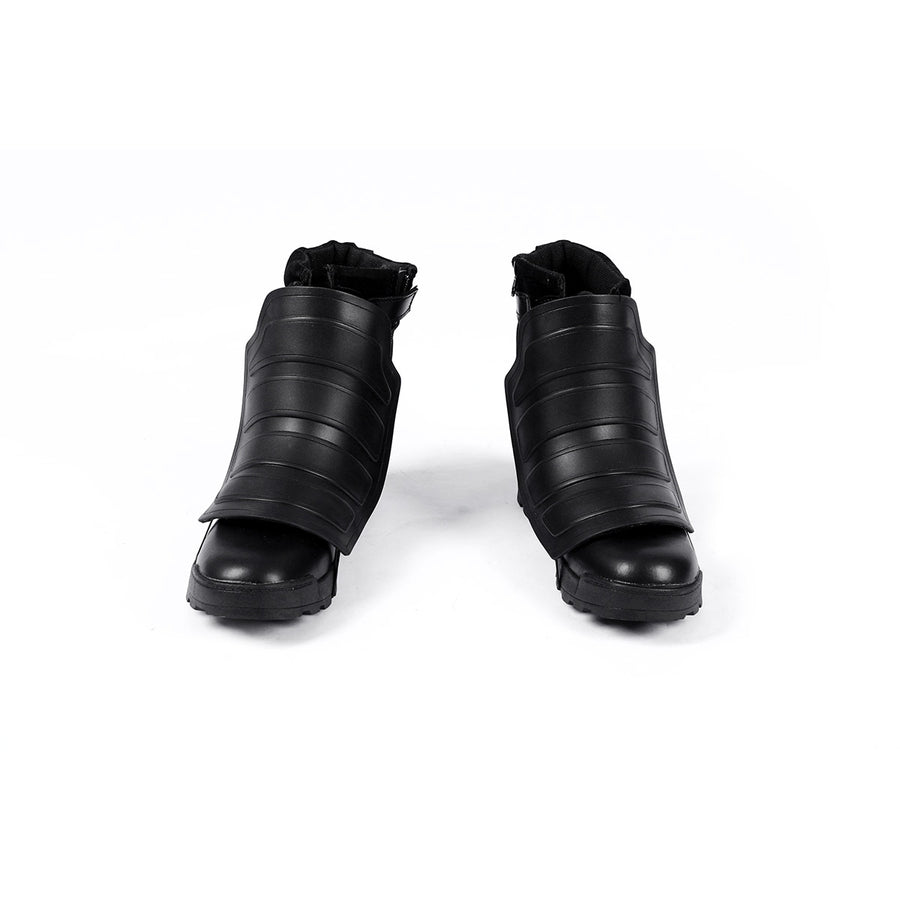 Bullseye Lester cosplay costume centers black faux leather shoe covers with detailed padded plates for the footwear.