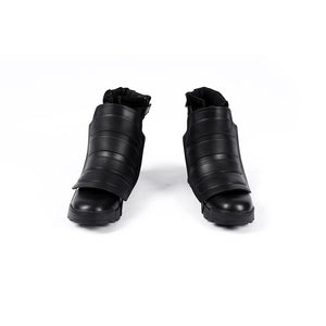 Bullseye Lester cosplay costume centers black faux leather shoe covers with detailed padded plates for the footwear.