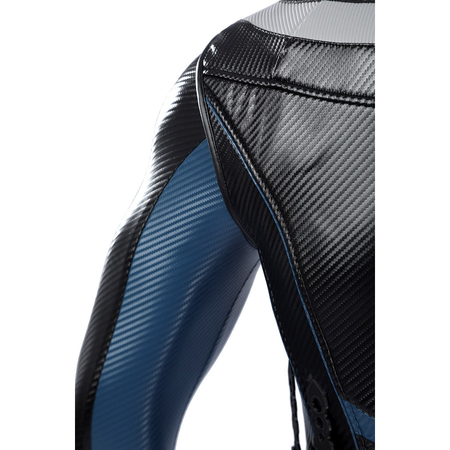 Bullseye Lester cosplay costume layers textured black and blue faux leather panels across the shoulder and sleeve areas.