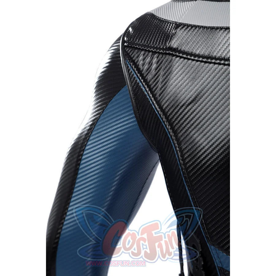 Bullseye Lester cosplay costume layers textured black and blue faux leather panels across the shoulder and sleeve areas.