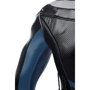 Bullseye Lester cosplay costume layers textured black and blue faux leather panels across the shoulder and sleeve areas.