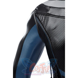 Bullseye Lester cosplay costume layers textured black and blue faux leather panels across the shoulder and sleeve areas.