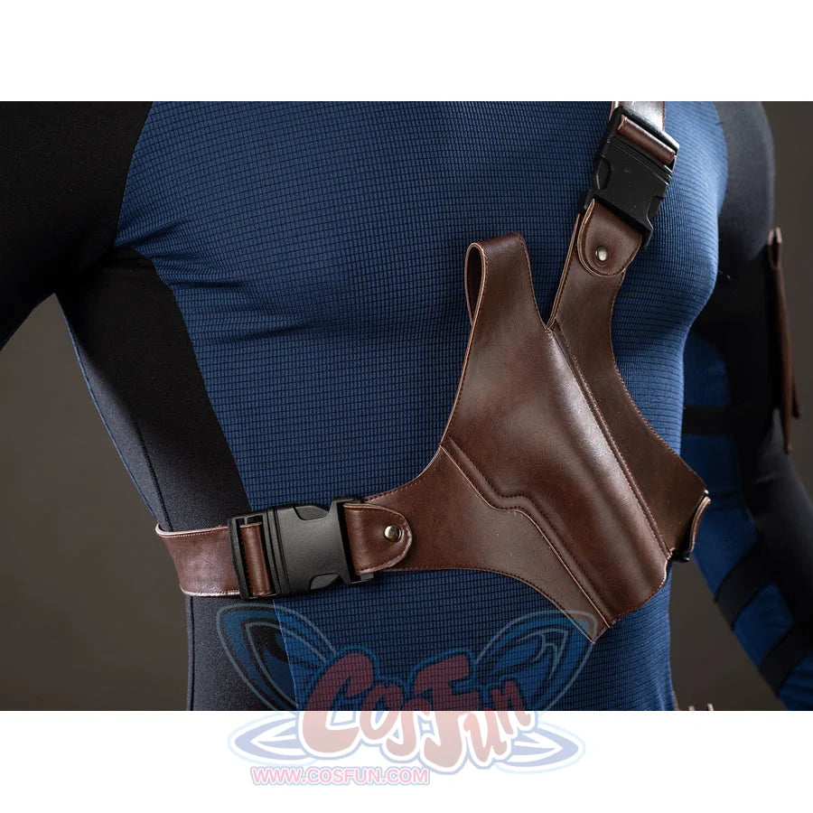 Bullseye Lester cosplay costume wraps brown harness straps around the torso and side pouch.