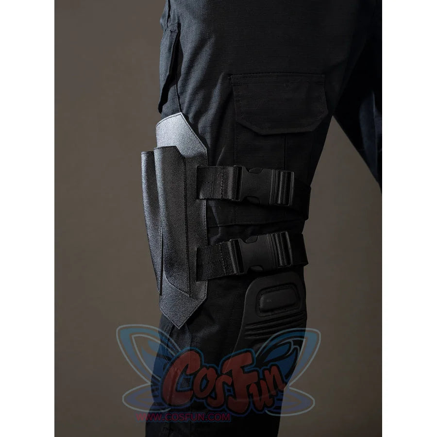 Bullseye Lester cosplay costume stacks thigh straps and side panels along one pant leg.