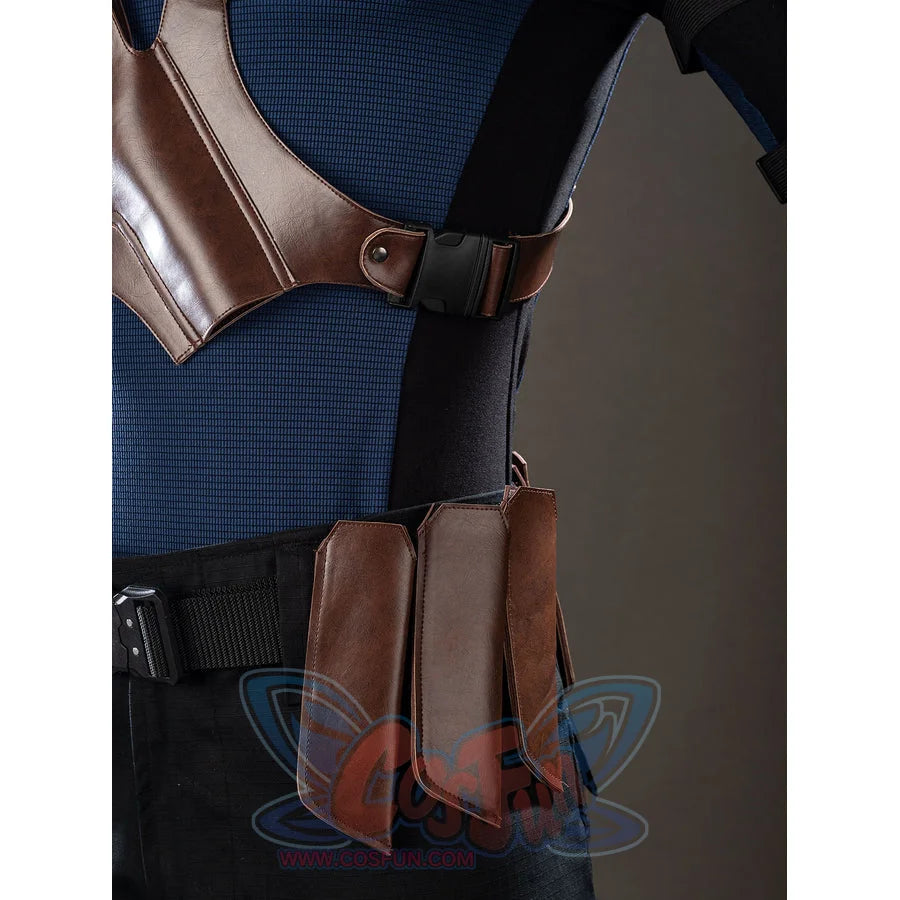 Bullseye Lester cosplay costume drops a brown side pouch from the harness near the hip.