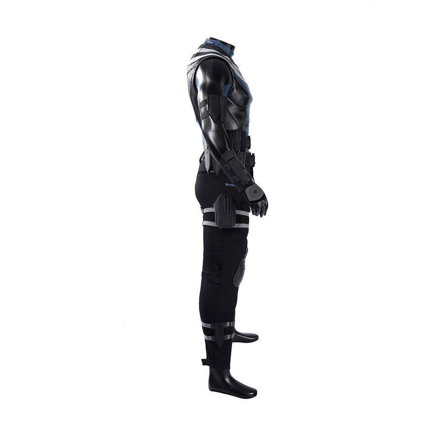 Bullseye Lester cosplay costume centers forearm guards and holster straps layered over the textured black pants and vest.
