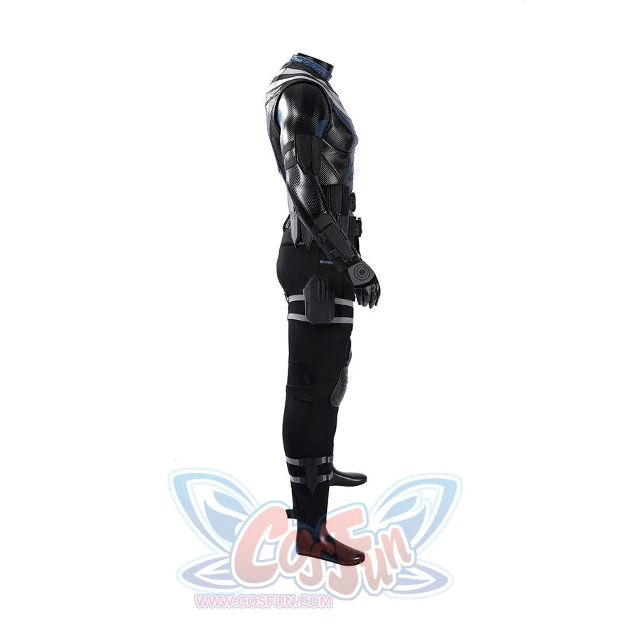 Bullseye Lester cosplay costume centers forearm guards and holster straps layered over the textured black pants and vest.