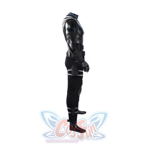 Bullseye Lester cosplay costume centers forearm guards and holster straps layered over the textured black pants and vest.