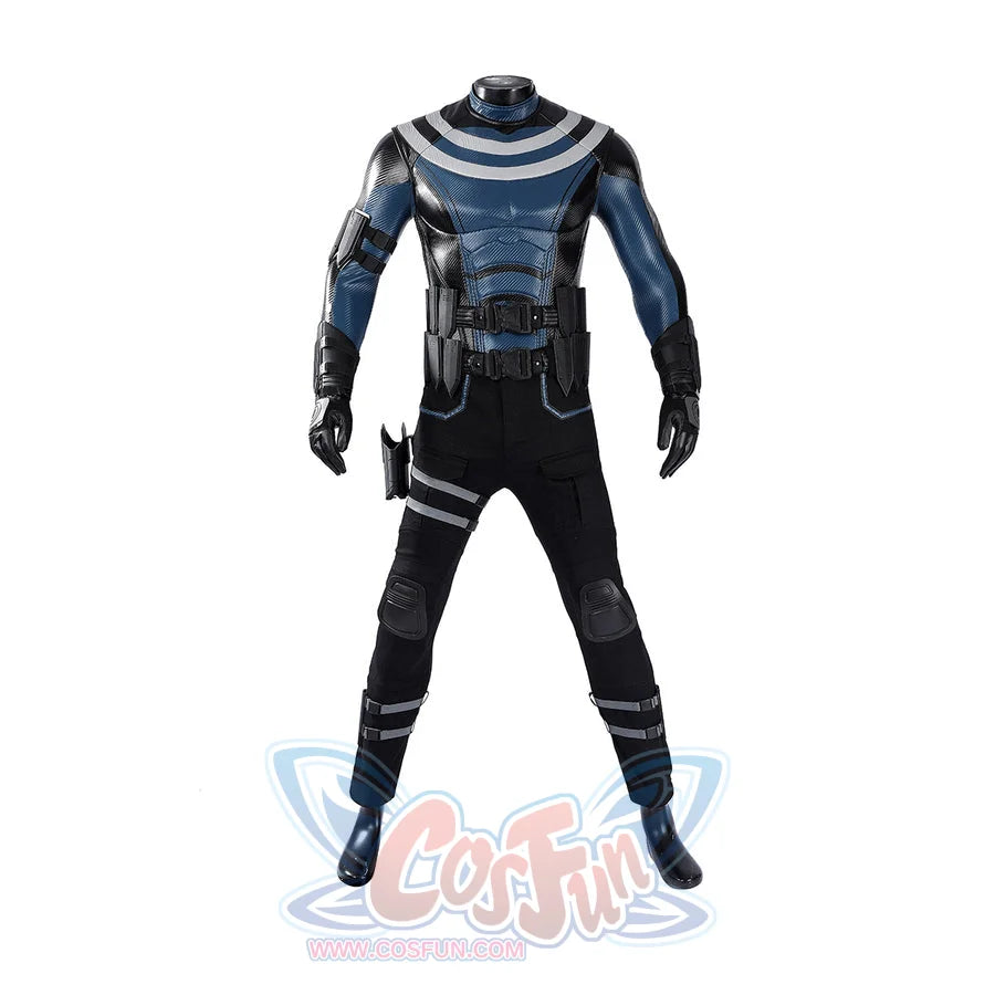 Bullseye Lester cosplay costume centers a tactical vest with utility belt and armored pants with thigh knife straps.