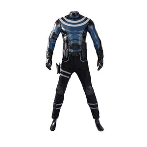Bullseye Lester cosplay costume centers a tactical vest with utility belt and armored pants with thigh knife straps.