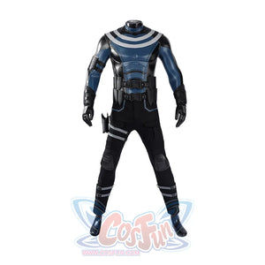 Bullseye Lester cosplay costume centers a tactical vest with utility belt and armored pants with thigh knife straps.
