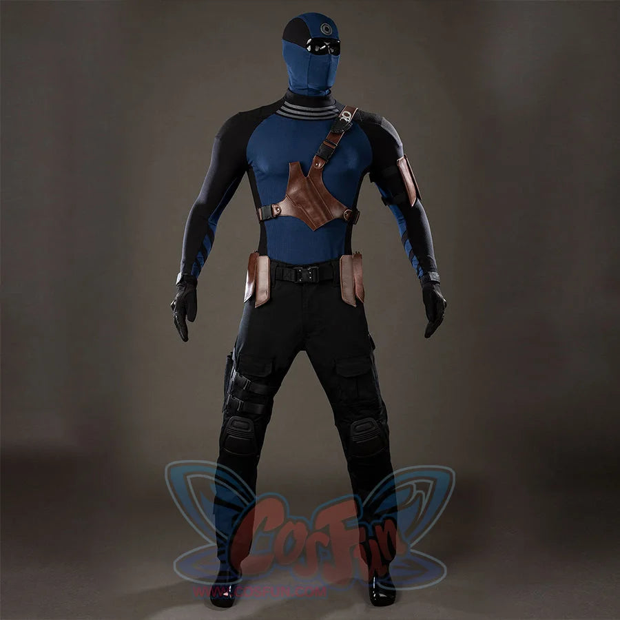 Bullseye Lester cosplay costume centers the tactical belt and blue hooded top in a full outfit view.