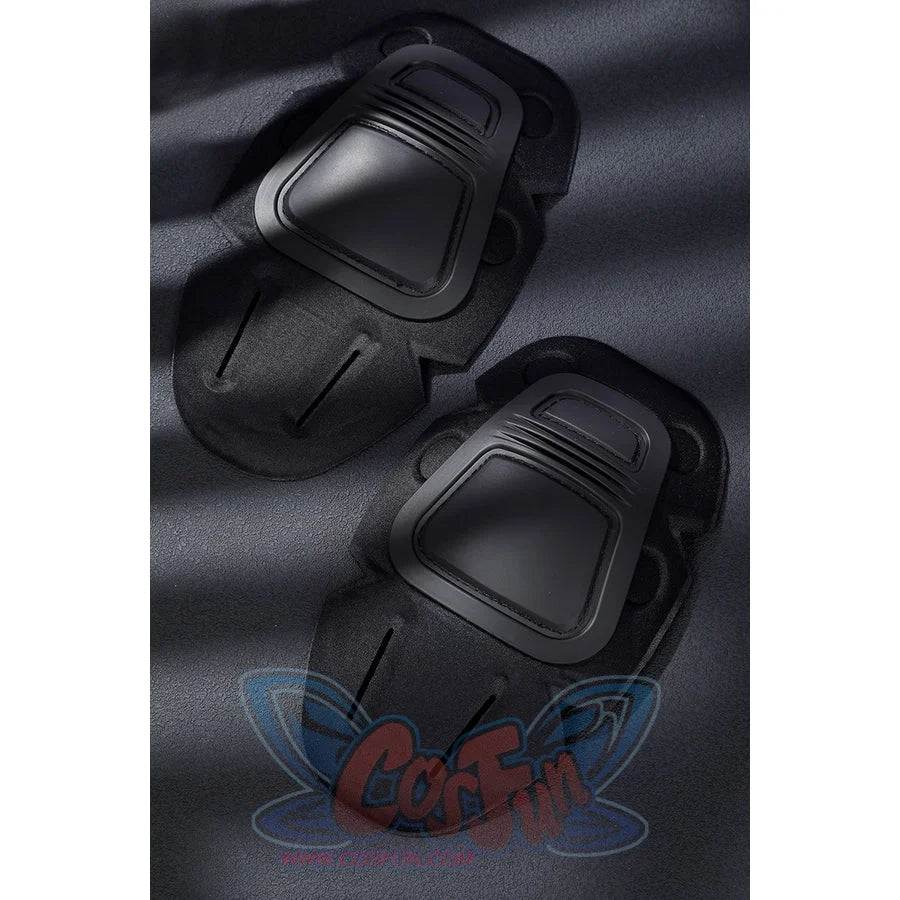 Bullseye Lester cosplay costume centers molded black tactical knee guards crafted from durable textured faux leather.