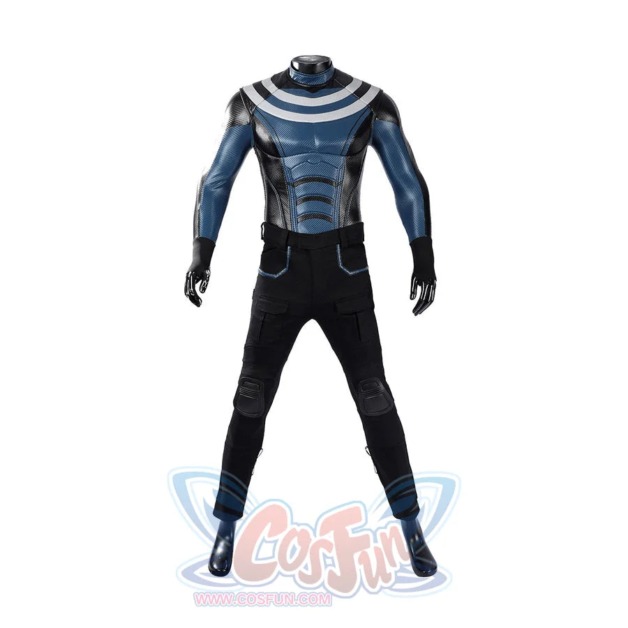Bullseye Lester cosplay costume centers a textured blue and black patterned torso piece paired with fitted dark pants.